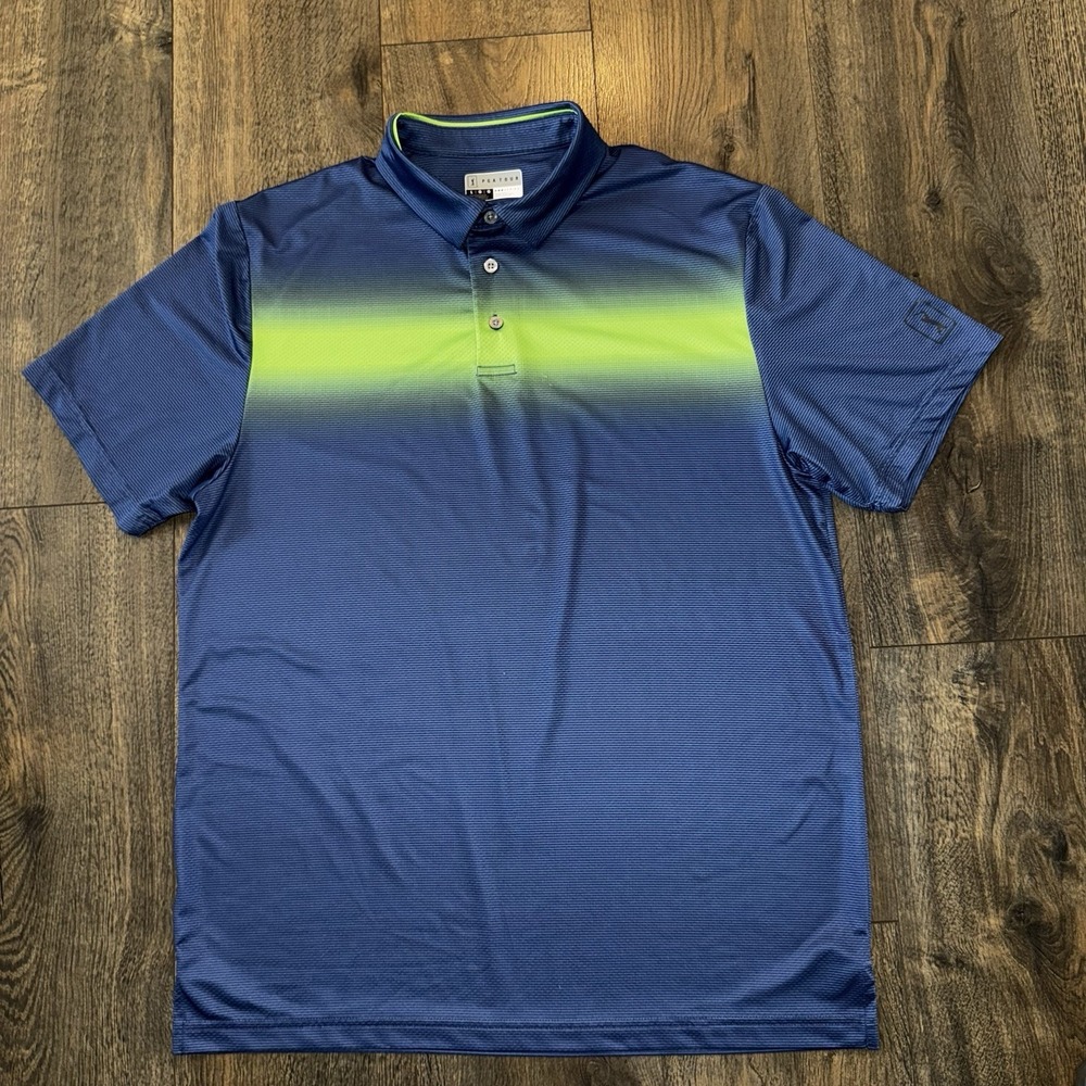 Pga Tour Mens L Athletic fit Short Sleeve Polo Shirt Blue Green Striped‎ Golf
